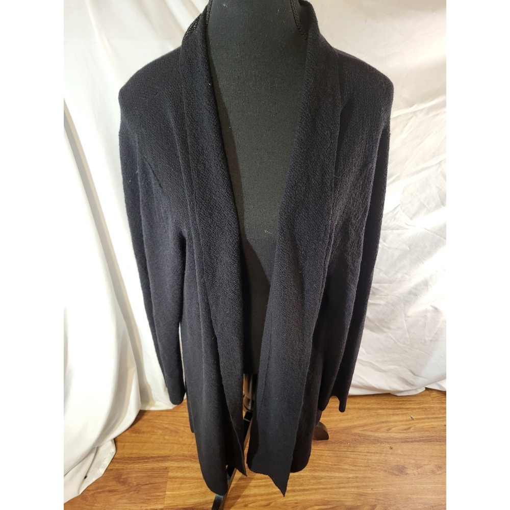 Eileen Fisher 100% wool long black open-front lightweight cardigan size 1X